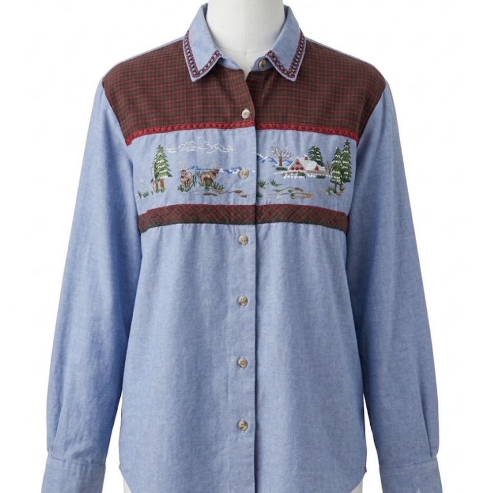 Vintage 90s Napa Valley Winter Cabin Embroidered Chambray Flannel Shirt M
Deer